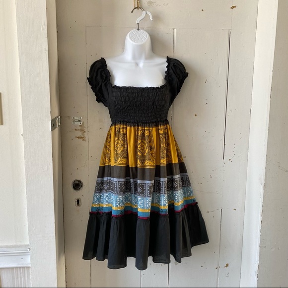 India Boho Bohemian Print Cinched Top Tiered Dress - Picture 2 of 8